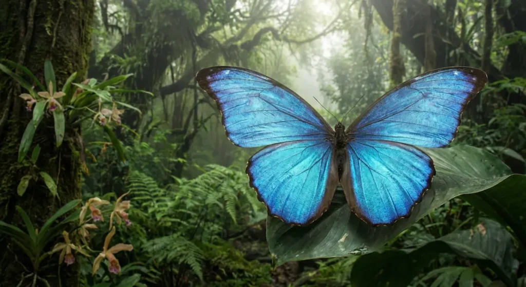 فراشة المورفو الزرقاء الكبيرة بلونها الأزرق المعدني اللامع في غابة استوائية