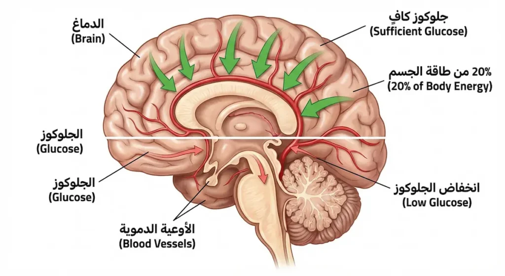 رسم توضيحي للدماغ يوضح كيفية استهلاكه للجلوكوز وتأثير انخفاضه على حدوث الصداع