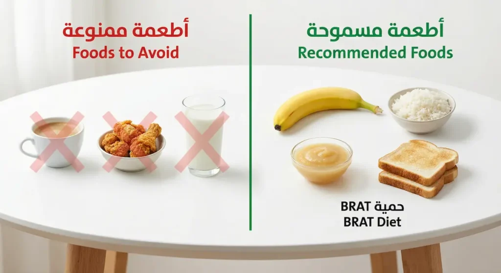 صورة مقارنة بين الأطعمة المسموحة أثناء الإسهال مثل الموز والأرز والتفاح المهروس والخبز المحمص والأطعمة الممنوعة مثل القهوة والمقليات والحليب