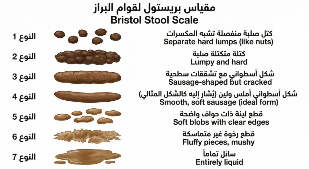 رسم توضيحي لمقياس بريستول لقوام البراز يُظهر سبعة أنواع من النوع الصلب إلى السائل مع تحديد النوع الطبيعي