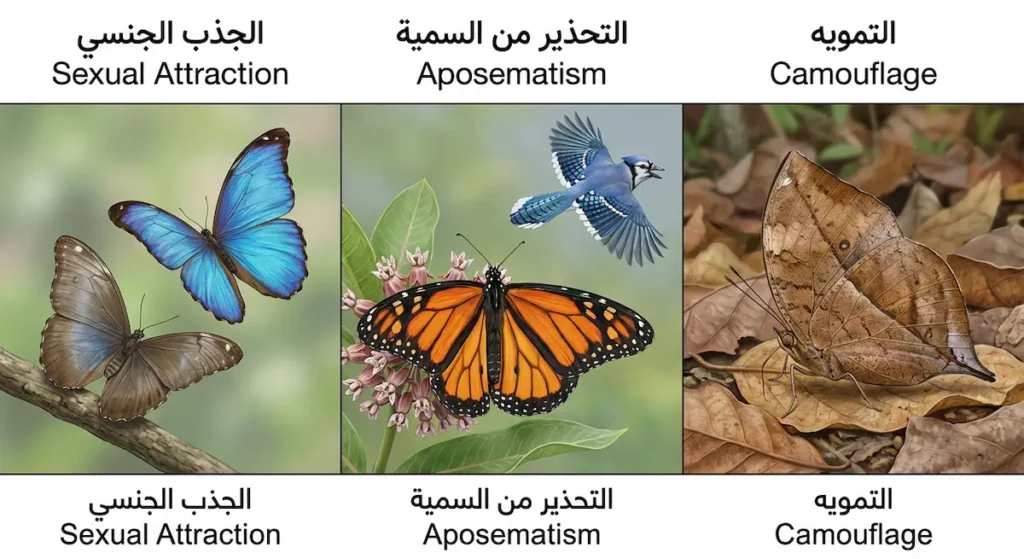 صورة توضيحية تُظهر ثلاث وظائف لألوان الفراشات: التمويه والتحذير من السمية والجذب الجنسي