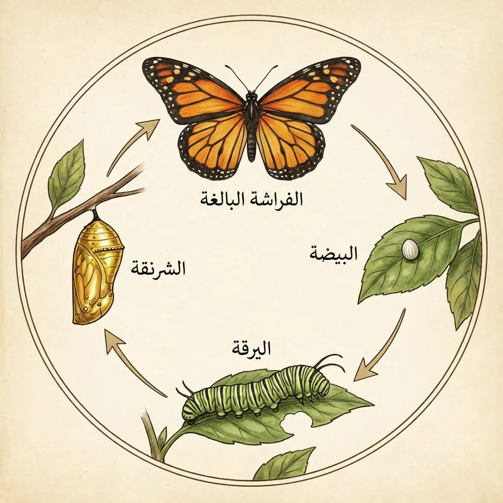 رسم توضيحي دائري يُظهر المراحل الأربع لدورة حياة الفراشة: البيضة، اليرقة، الشرنقة، الفراشة البالغة