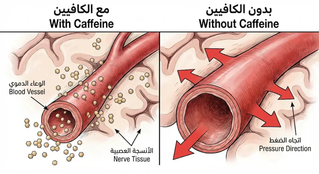  رسم يقارن بين الأوعية الدموية المضيّقة بتأثير الكافيين والمتمددة عند انسحابه