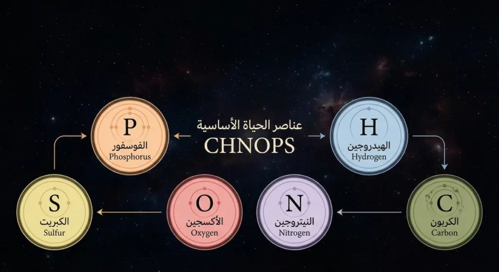 رسم توضيحي يُظهر العناصر الكيميائية الستة الأساسية للحياة وهي الكربون والهيدروجين والنيتروجين والأكسجين والفوسفور والكبريت