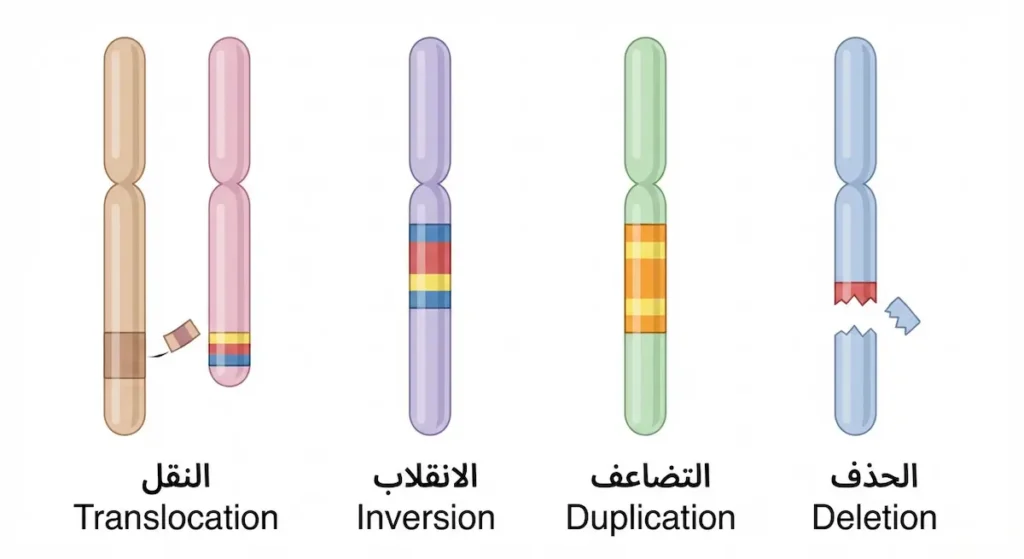 رسم توضيحي يُظهر أربعة أنواع من الطفرات الكروموسومية البنيوية: الحذف والتضاعف والانقلاب والنقل