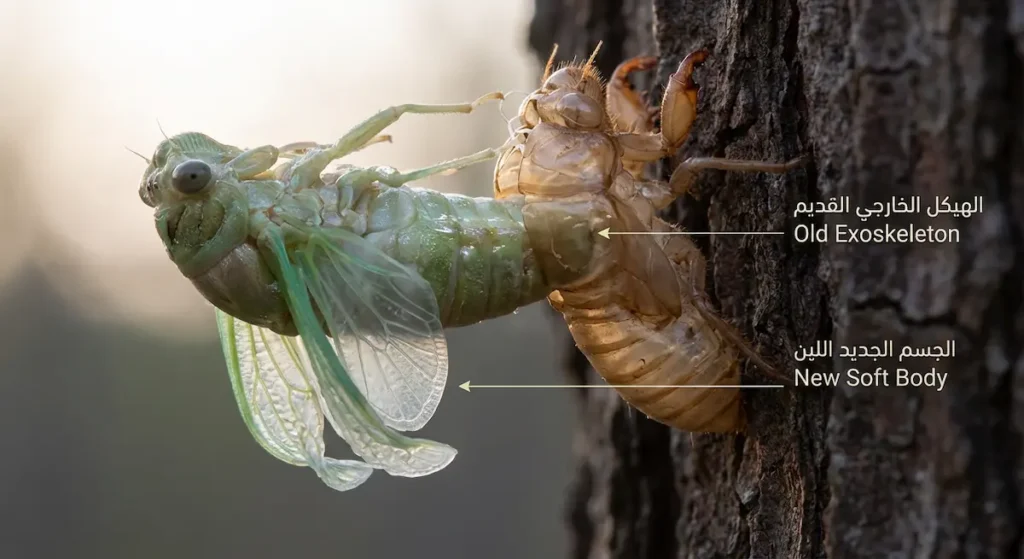  صورة ماكرو لحشرة الزيز أثناء عملية الانسلاخ وهي تخرج بجسمها الأخضر اللين من هيكلها الخارجي القديم الشفاف المتشبث بلحاء شجرة مع تسميتين توضيحيتين بالعربية والإنكليزية
