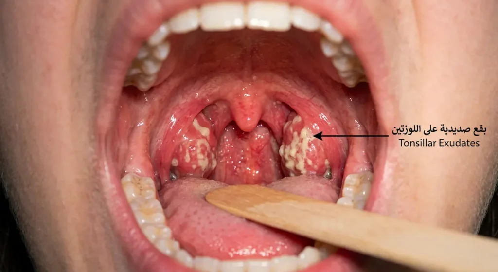 صورة سريرية لحلق ملتهب تظهر فيه لوزتان متورمتان مع بقع صديدية بيضاء مصفرة