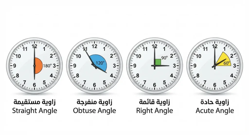أربع ساعات تناظرية توضح أنواع الزوايا: الساعة 2 زاوية حادة 60 درجة، الساعة 3 زاوية قائمة 90 درجة، الساعة 4 زاوية منفرجة 120 درجة، الساعة 6 زاوية مستقيمة 180 درجة