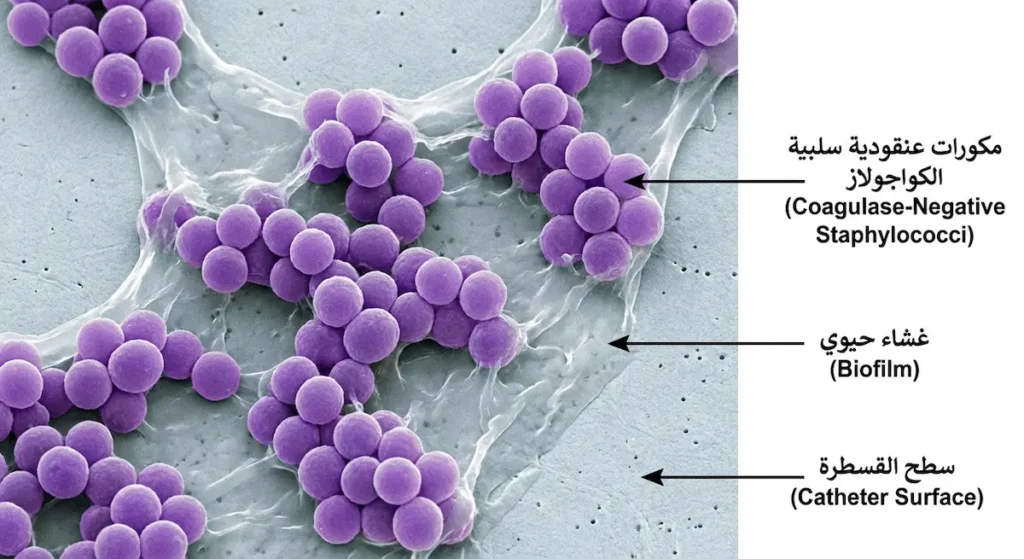 صورة مجهرية تُظهر مكورات عنقودية سلبية الكواجولاز تُشكّل غشاءً حيوياً على سطح قسطرة وريدية