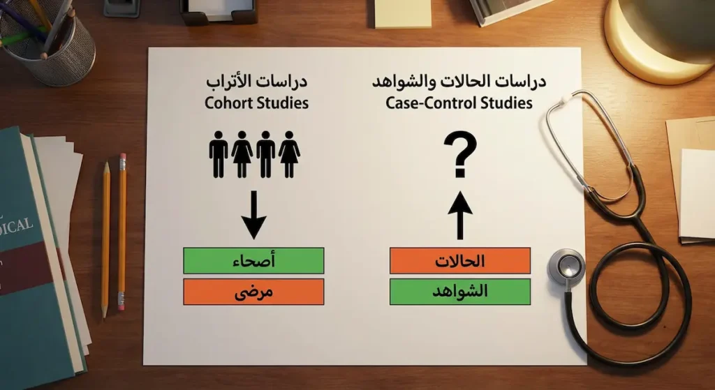مقارنة بصرية بين دراسات الأتراب ودراسات الحالات والشواهد في البحث الوبائي التحليلي