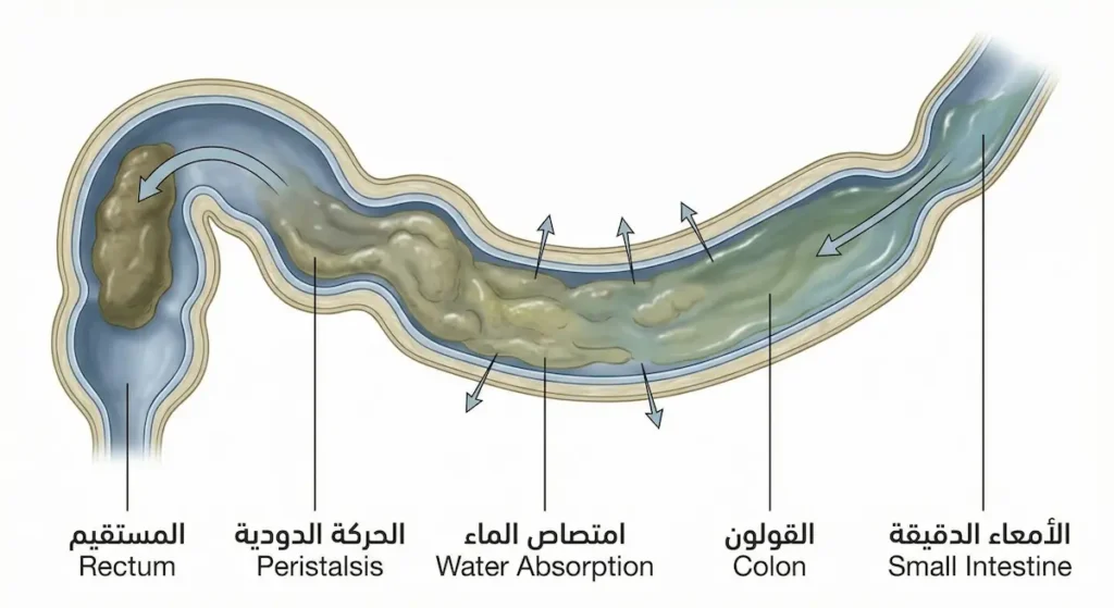 رسم توضيحي تشريحي يُظهر القولون والحركة الدودية وامتصاص الماء وتحول المحتوى من سائل إلى براز متماسك