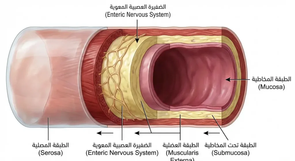 مقطع عرضي تشريحي لجدار القولون يُظهر الطبقات الأربع: المخاطية وتحت المخاطية والعضلية والمصلية مع الضفيرة العصبية المعوية