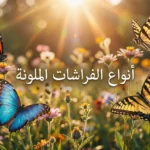 مجموعة متنوعة من الفراشات الملونة تحلق حول أزهار برية في حديقة طبيعية مع عنوان "أنواع الفراشات الملونة