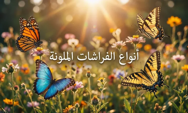 مجموعة متنوعة من الفراشات الملونة تحلق حول أزهار برية في حديقة طبيعية مع عنوان "أنواع الفراشات الملونة