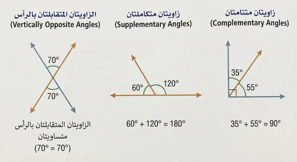 رسم يوضح ثلاث علاقات هندسية بين الزوايا: الزوايا المتتامة مجموعها 90 درجة، والزوايا المتكاملة مجموعها 180 درجة، والزوايا المتقابلة بالرأس متساوية