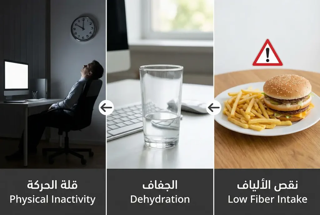 ثلاثة مشاهد توضح أسباب الإمساك الشائعة وهي نقص الألياف والجفاف وقلة الحركة البدنية