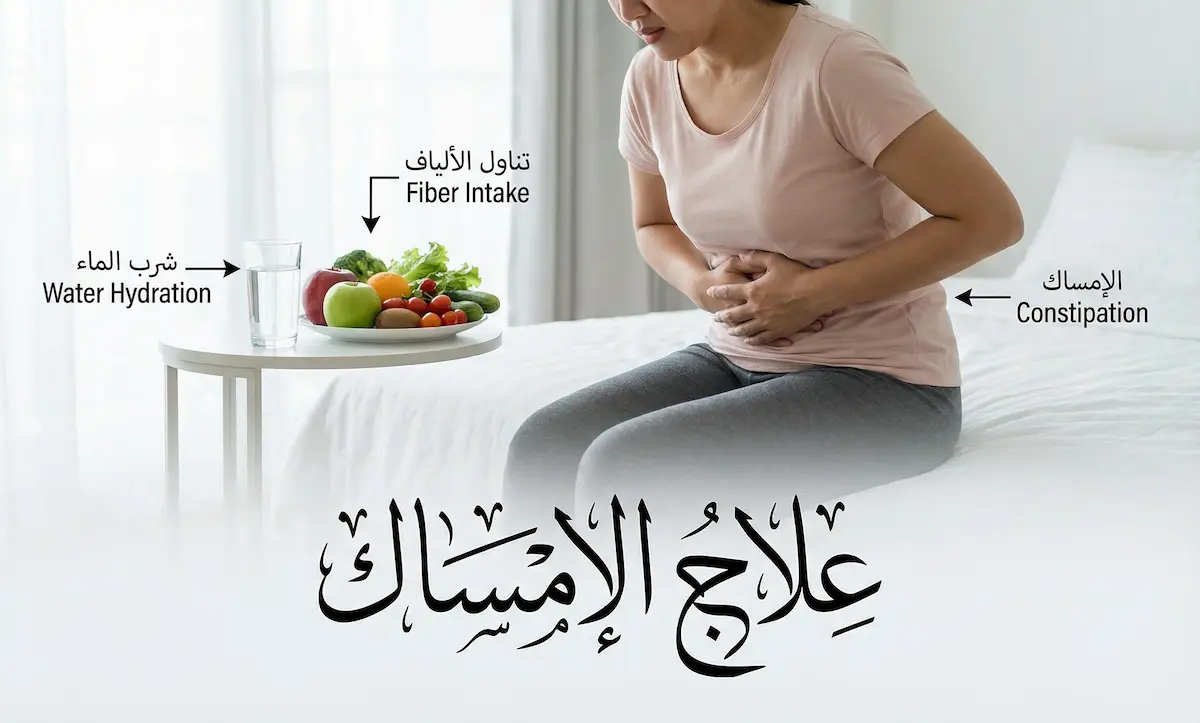 شخص يجلس ويمسك بطنه بتعبير انزعاج مع وجود أطعمة صحية في الخلفية وعبارة علاج الإمساك في الصورة