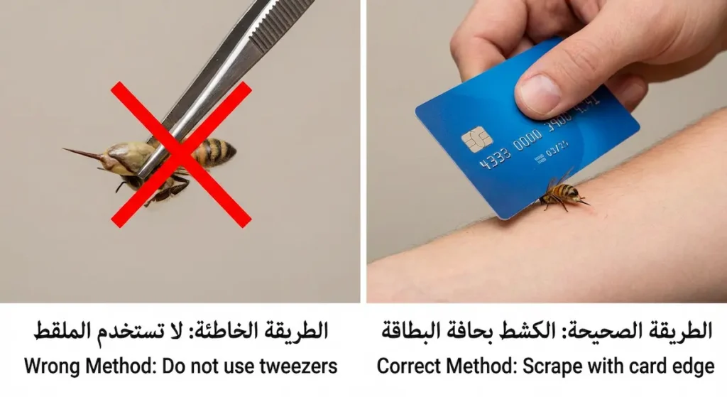  صورة تعليمية توضح الطريقة الصحيحة لإزالة إبرة النحل بالكشط باستخدام بطاقة بلاستيكية وتجنب استخدام الملقط