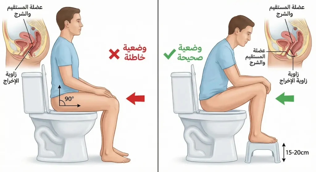 مقارنة بين وضعية الجلوس الخاطئة والصحيحة على المرحاض مع توضيح تأثير كل وضعية على عضلة المستقيم وزاوية الإخراج