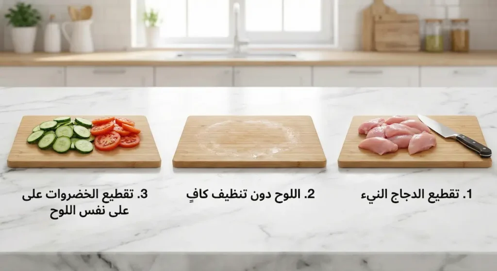 ثلاث مراحل للتلوث المتبادل في المطبخ تُظهر انتقال البكتيريا من الدجاج النيء إلى الخضروات عبر لوح تقطيع غير مغسول