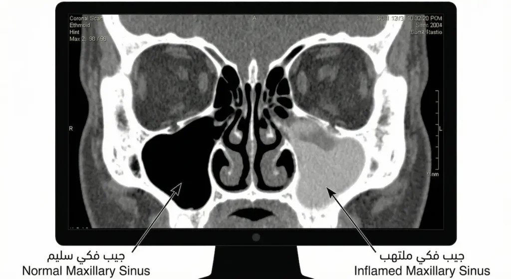 شريحة تصوير مقطعي محوسب بمقطع إكليلي للجيوب الأنفية تُظهر عتامة في جيب فكي ملتهب مقارنة بجيب فكي سليم على الجانب الآخر