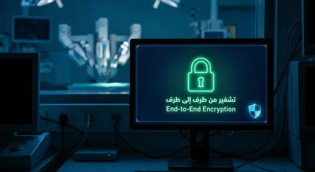 شاشة حاسوب في غرفة تحكم طبية تعرض واجهة أمنية رقمية مع رمز قفل أخضر يمثل التشفير من طرف إلى طرف وذراع روبوتية جراحية في الخلفية