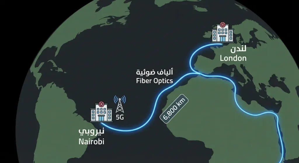 خريطة مبسطة تُظهر مسار كابل الألياف الضوئية تحت البحر الذي ينقل الإشارة الجراحية من لندن إلى نيروبي على مسافة 6800 كيلومتر مع برج اتصالات 5G بالقرب من نيروبي