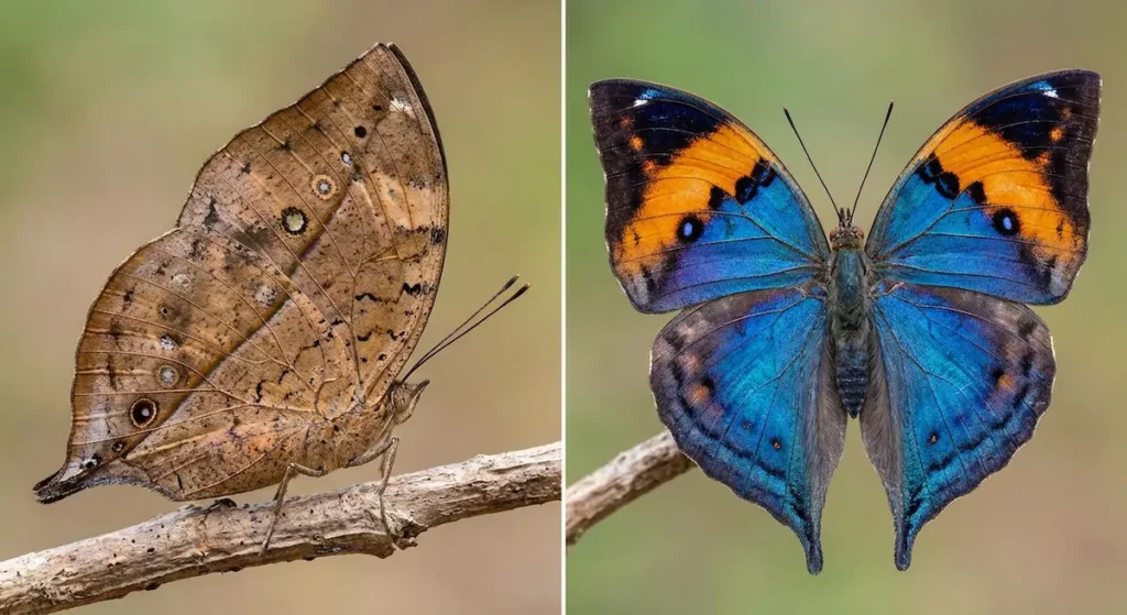 مقارنة بين وجهي جناح فراشة ورقة الشجر الميتة: ألوان زاهية من جهة وتمويه كورقة يابسة من الجهة الأخرى