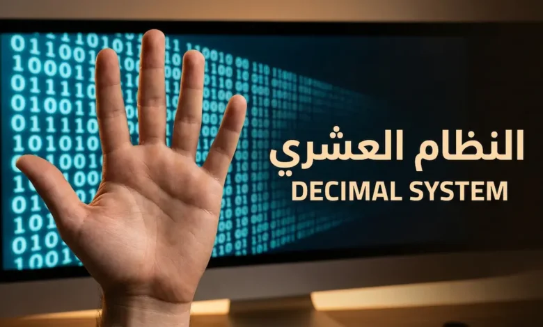 صورة غلاف تُظهر يداً بشرية بعشرة أصابع أمام شاشة حاسوب تعرض أرقاماً ثنائية مع عنوان النظام العشري