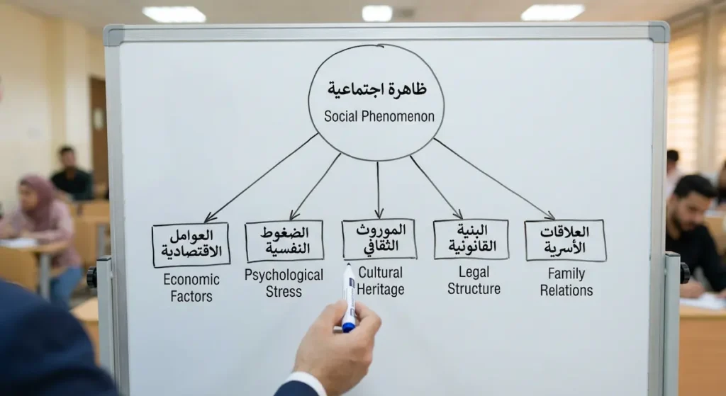 رسم تخطيطي يوضح تفكيك ظاهرة اجتماعية إلى خمسة متغيرات رئيسية قابلة للتحليل