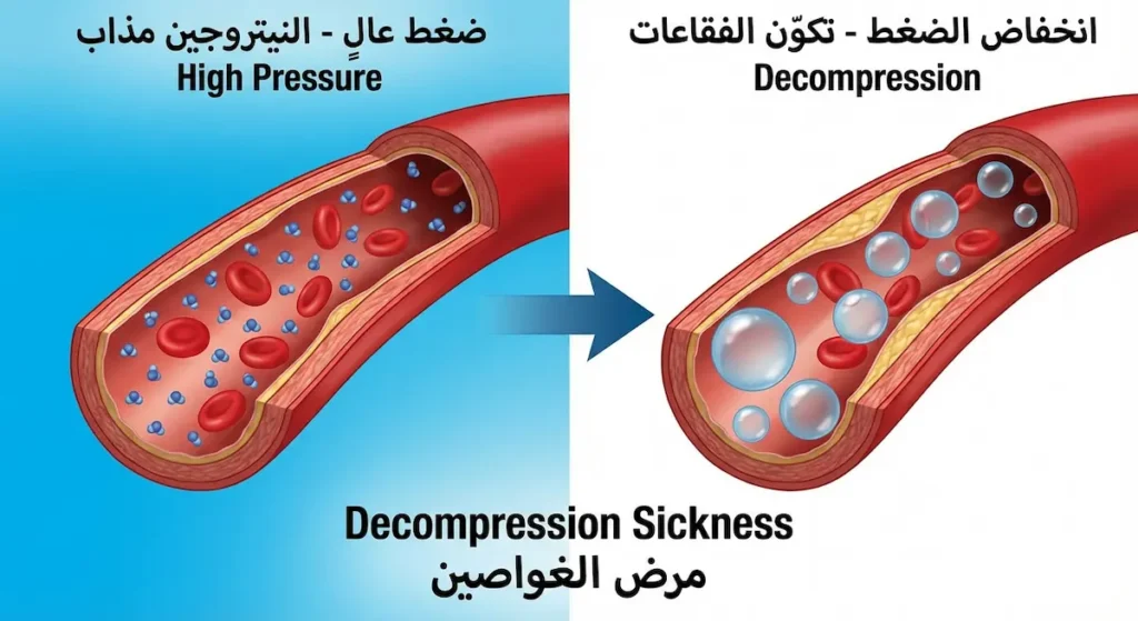 رسم توضيحي يُظهر كيف يذوب النيتروجين في الدم تحت الضغط العالي ويشكل فقاعات خطيرة عند الصعود السريع مسبباً مرض الغواصين