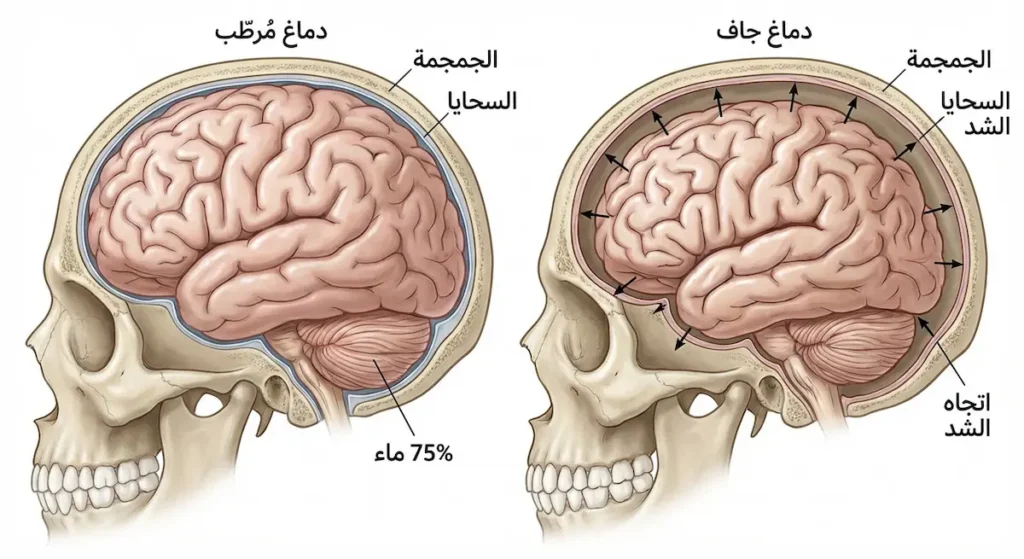 رسم يقارن بين الدماغ المُرطّب والدماغ المتقلص بسبب الجفاف وتأثيره على السحايا