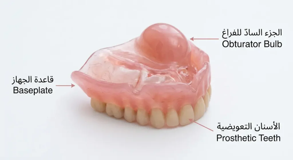 سدادة سنية من الأكريليك الطبي تُستخدم لسد الفراغ في سقف الحلق بعد جراحة استئصال الفك العلوي وتُظهر الجزء السادّ للفراغ والأسنان التعويضية وقاعدة الجهاز