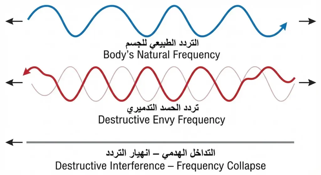 رسم تخطيطي يوضح كيف تتلاقى موجة التردد الطبيعي للجسم مع موجة تردد الحسد المعاكسة فتحدث تداخلاً هدمياً يلغي الاهتزاز