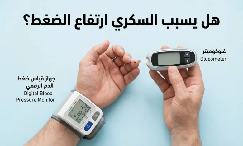 يد مريض تحمل جهاز قياس سكر الدم وعلى ذراعه الأخرى جهاز قياس ضغط الدم الرقمي مع عنوان هل يسبب السكري ارتفاع الضغط