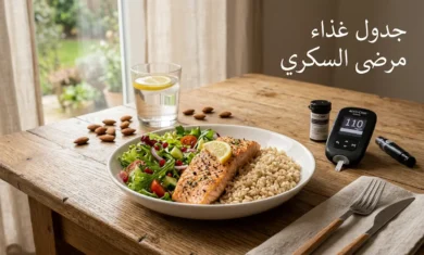 طاولة طعام عليها طبق صحي يحتوي على أرز بني وسمك مشوي وسلطة خضراء بجانب جهاز قياس سكر الدم وكوب ماء وحبات لوز مع عبارة جدول غذاء مرضى السكري