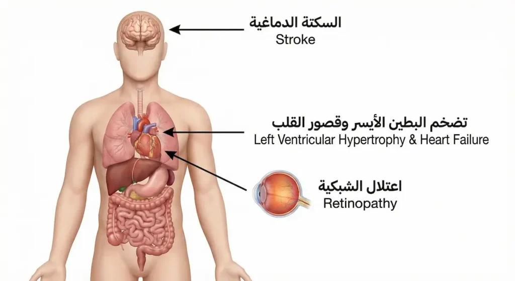 رسم تشريحي لجسم الإنسان يوضح تأثير اجتماع السكري مع ارتفاع الضغط على القلب بتضخم البطين الأيسر وعلى الدماغ بالسكتة الدماغية وعلى العين باعتلال الشبكية