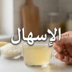 صورة غلاف مقال عن الإسهال تظهر يداً تمسك كوب محلول معالجة الجفاف مع أطعمة مناسبة في الخلفية وكلمة الإسهال بالعربية