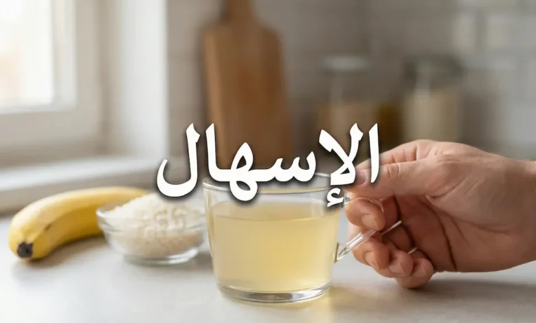 صورة غلاف مقال عن الإسهال تظهر يداً تمسك كوب محلول معالجة الجفاف مع أطعمة مناسبة في الخلفية وكلمة الإسهال بالعربية