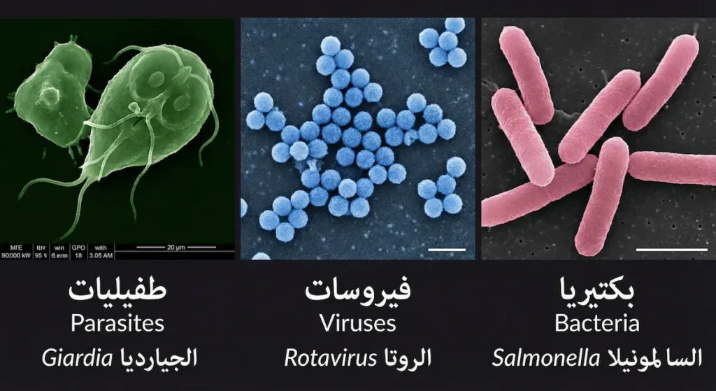 ثلاث صور مجهرية واقعية تُظهر مسببات الإسهال المعدي: بكتيريا السالمونيلا وفيروس الروتا وطفيلي الجيارديا