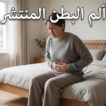 شخص بالغ يجلس ممسكاً بكلتا يديه على كامل بطنه مع تعابير ألم وانزعاج، مع عبارة ألم البطن المنتشر