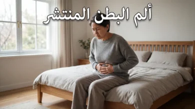 شخص بالغ يجلس ممسكاً بكلتا يديه على كامل بطنه مع تعابير ألم وانزعاج، مع عبارة ألم البطن المنتشر