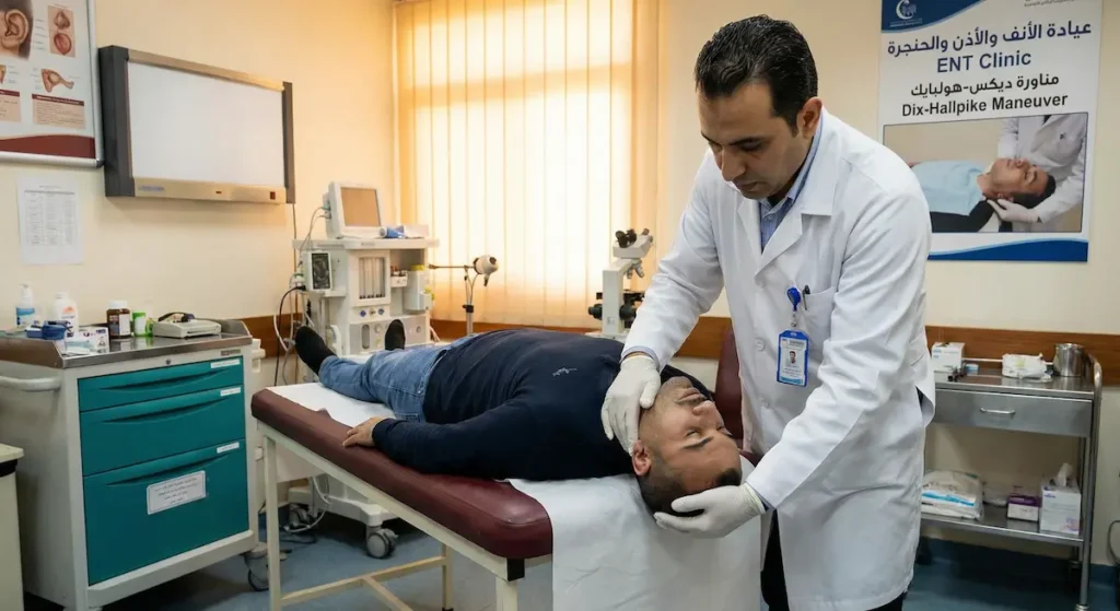 طبيب يجري مناورة ديكس-هولبايك على مريض مستلقٍ على طاولة الفحص مع ميل الرأس 45 درجة ويمسك الطبيب رأس المريض بكلتا يديه