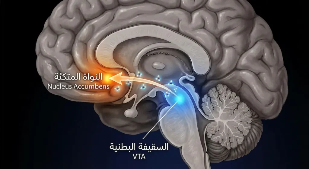 مقطع جانبي للدماغ يُظهر مسار الدوبامين من السقيفة البطنية إلى النواة المتكئة