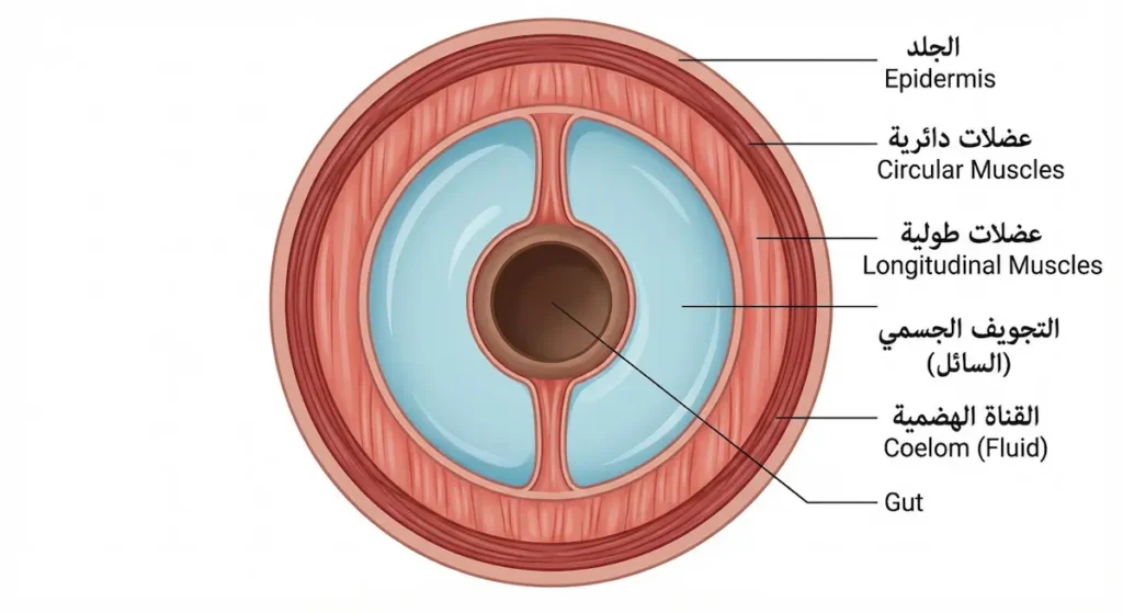  رسم توضيحي علمي لمقطع عرضي في جسم دودة الأرض يُظهر طبقات الجلد والعضلات الدائرية والطولية والتجويف الجسمي المملوء بالسائل والقناة الهضمية مع تسميات بالعربية والإنكليزية