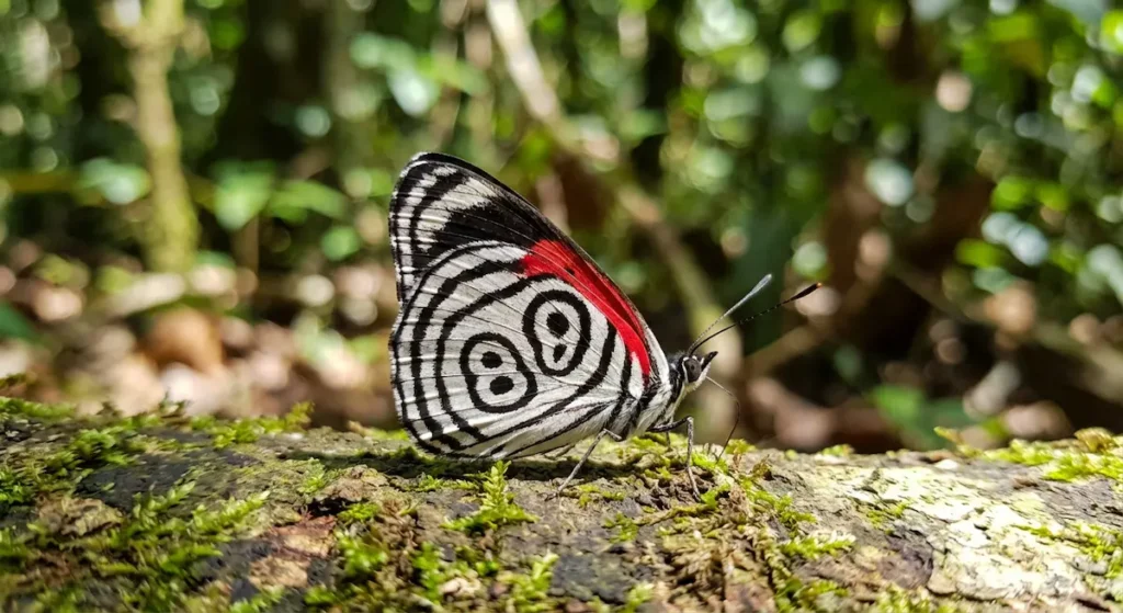 فراشة "88" الصغيرة تُظهر نمط الرقم 88 الأبيض والأسود على الجانب السفلي لأجنحتها