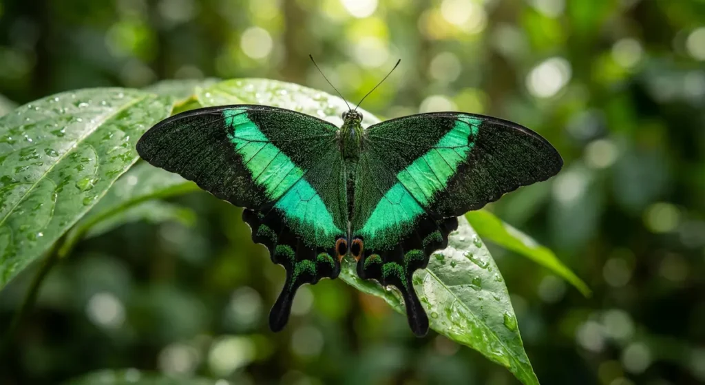 فراشة ذيل الخطاف الزمردية سوداء اللون مع أشرطة خضراء زمردية لامعة