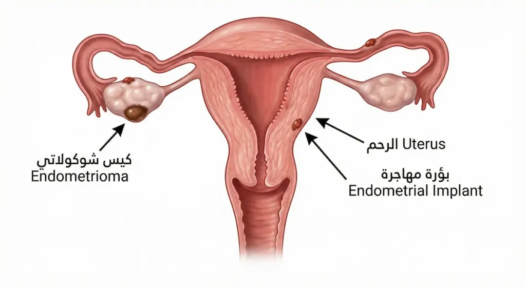 رسم طبي يُظهر الجهاز التناسلي الأنثوي مع بقع بنية تمثل بؤر بطانة الرحم المهاجرة على المبيض والرحم وقناة فالوب وكيس شوكولاتي على المبيض
