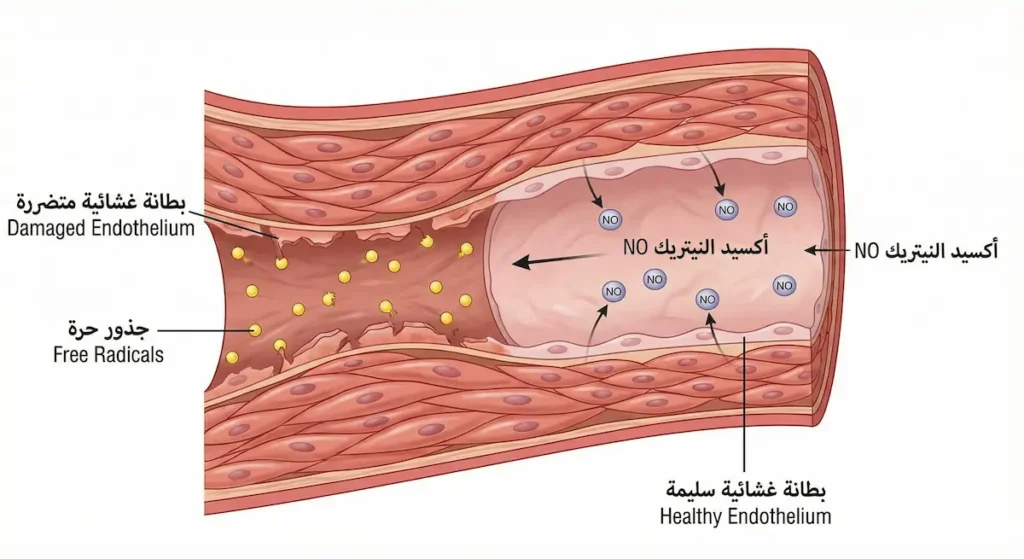 مقارنة بين مقطع عرضي لوعاء دموي سليم ببطانة غشائية سليمة تفرز أكسيد النيتريك ووعاء دموي متضرر بفعل الجذور الحرة الناتجة عن ارتفاع السكر