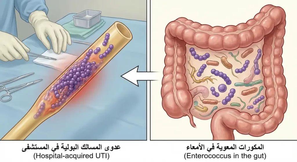 صورة مقارنة تُظهر المكورات المعوية كجزء طبيعي من بكتيريا الأمعاء مقابل تسبّبها بعدوى المسالك البولية في المستشفى